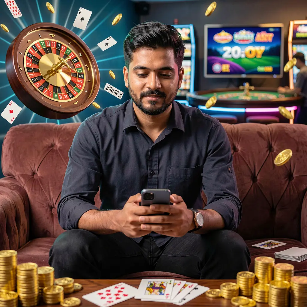 Focused Bangladeshi player using the GV555 casino app on his phone surrounded by glowing roulette wheels playing cards and gold coins