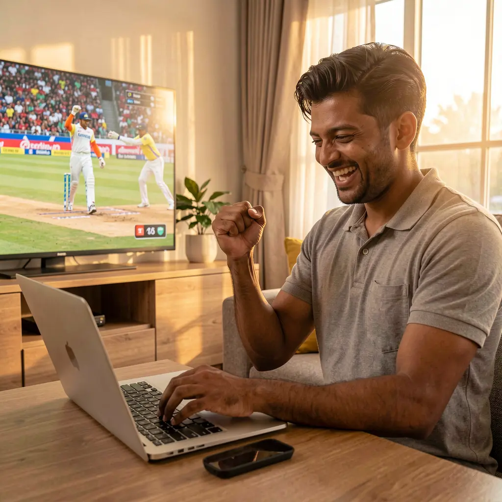 Excited Bangladeshi sports fan celebrating a winning moment while betting online with GV555 on his laptop during a live cricket match